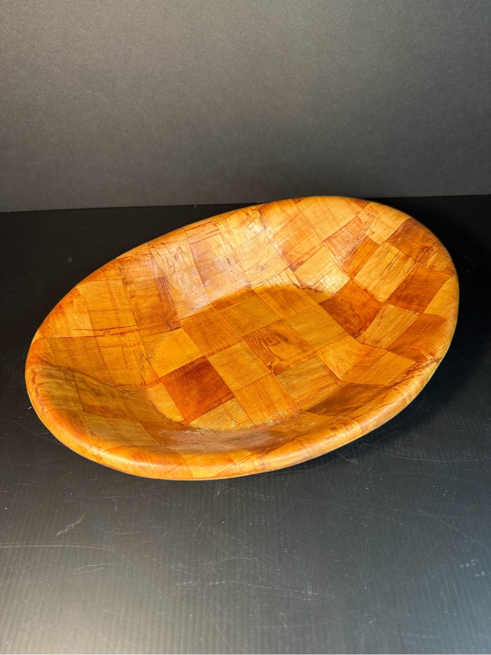 Vintage Parquet Weave Wood Oval Serving Bowl MCM 1960-1970